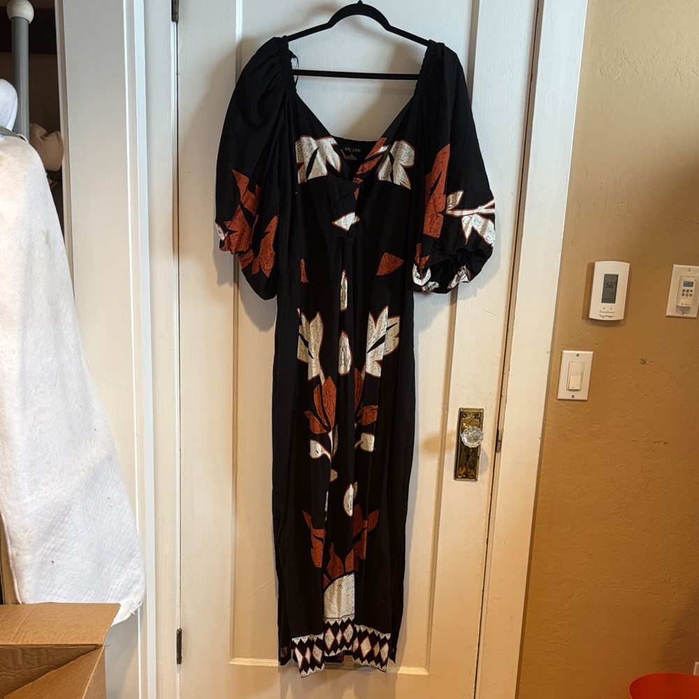 City Chic Black Maxi Dress with Rust and Cream Floral Accents XXL